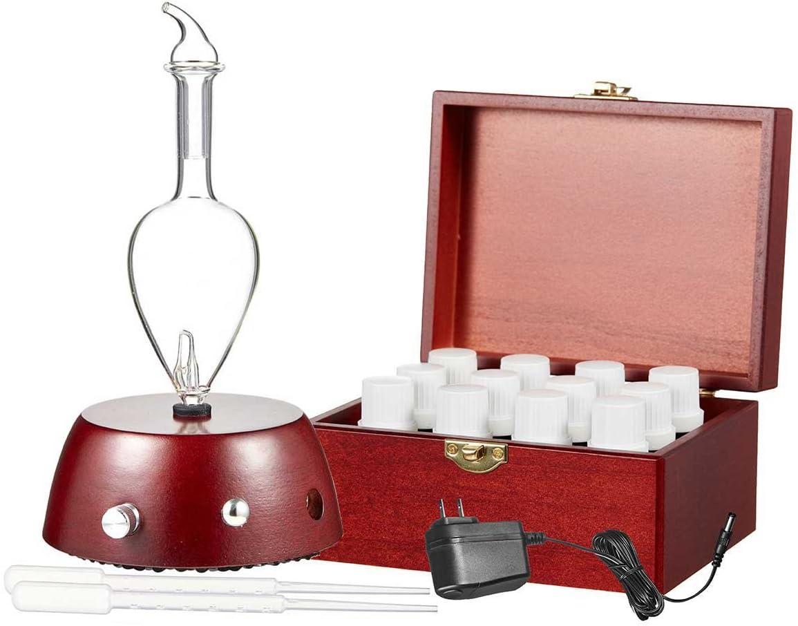 Super Explorer Aromatherapy Kit by Organic Aromas - 1 Elegance Essential Oil Diffuser and 12 100% Pure Essential Oils in 10ml Bottles - Handsome Wooden Storage Box