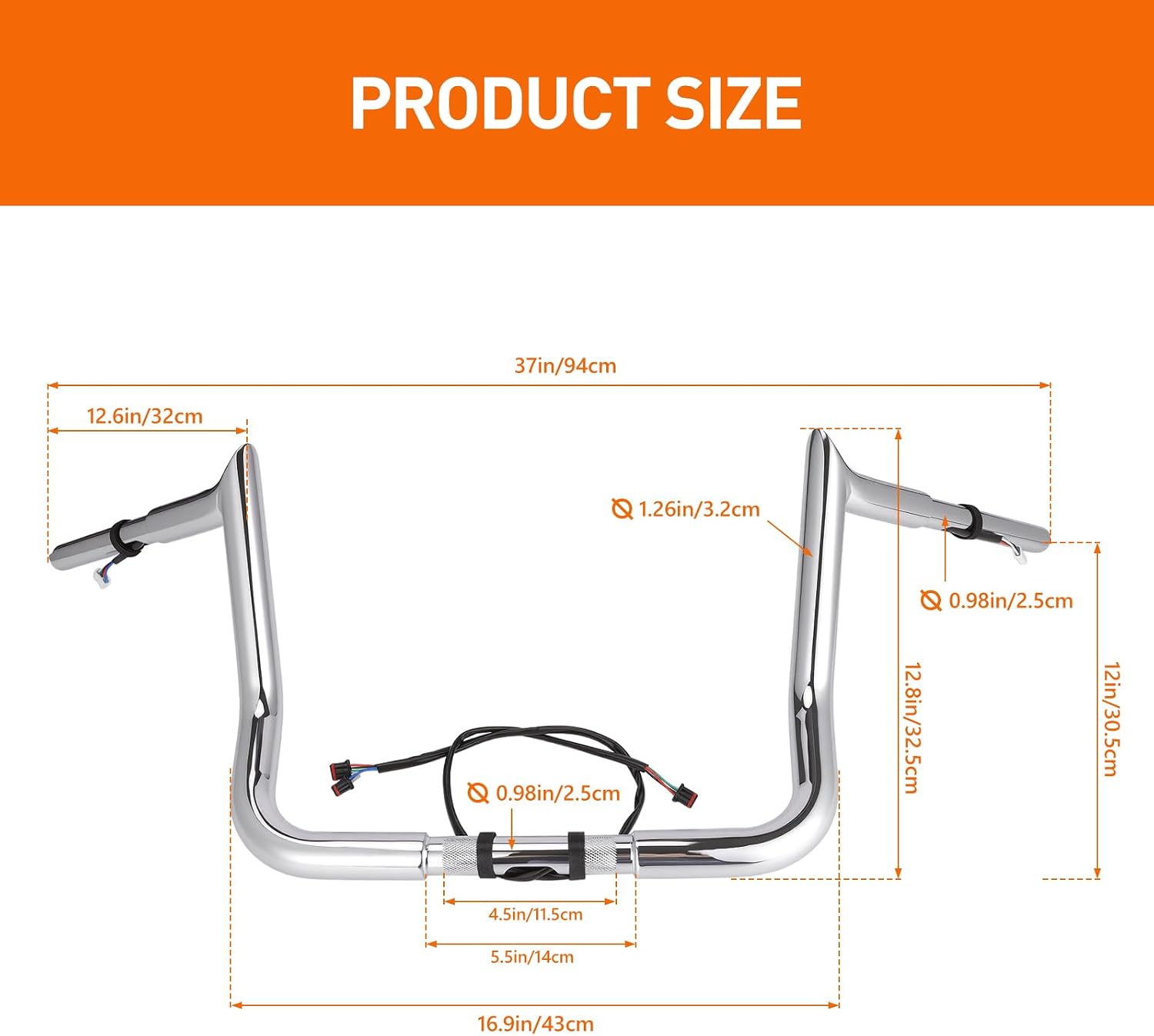 Pre-Wired 1 1/4" Fat 12" Rise Ape Hangers Handlebars Fit for Harley Touring Miter Cut Street Glide/Electra Glide/Ultra Limited 2014-2023, 1" Clamp Meathook Monkey Bar (Chrome)