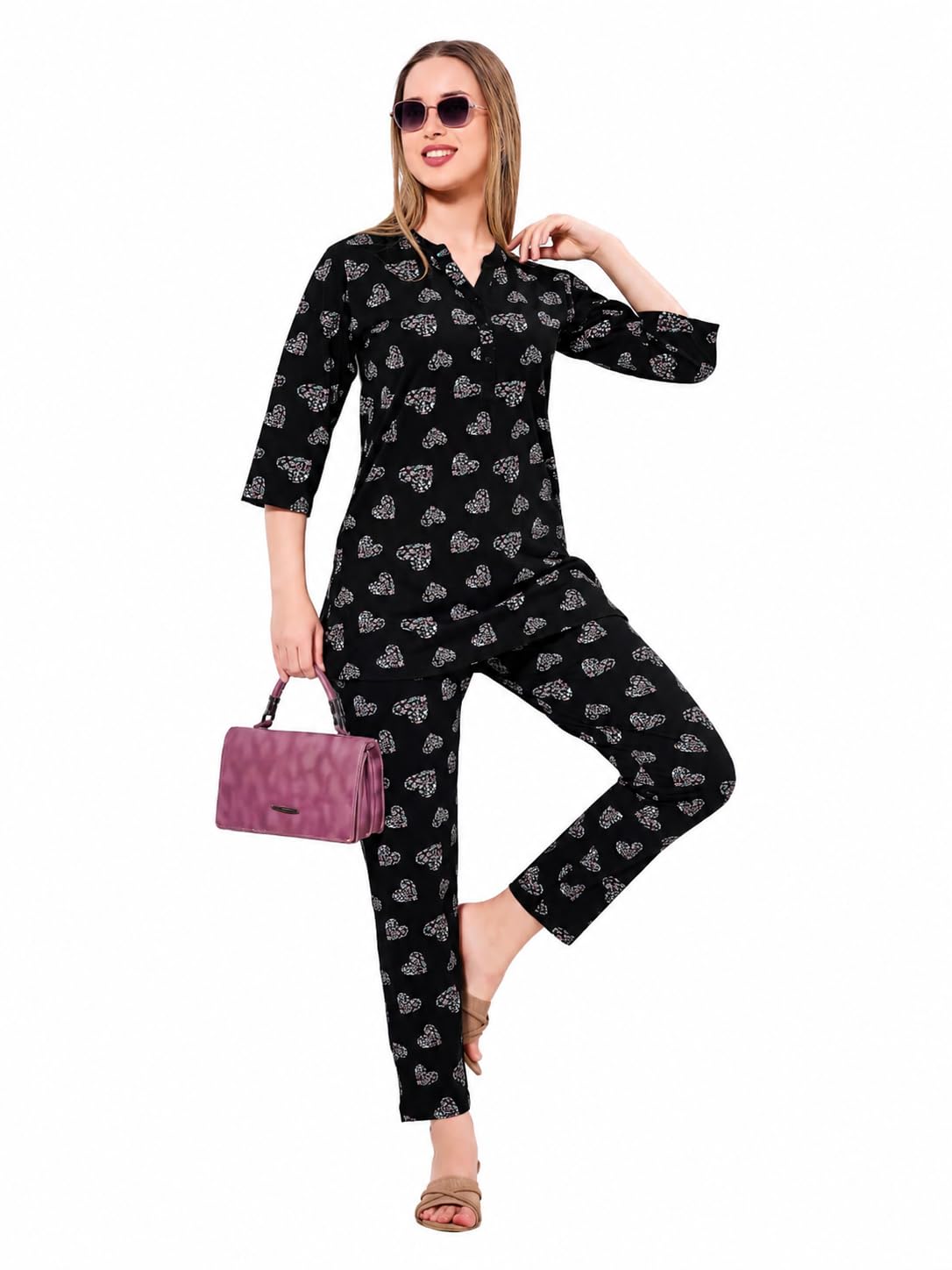 Leo Nightwear Women's Night Suit Set Printed, Soft Cotton Blend Sleepwear, Half Sleeve Printed Top with Full Length Pajama, Breathable Co-Ord Set, Comfortable Home Wear for Women & Girls-picture-43