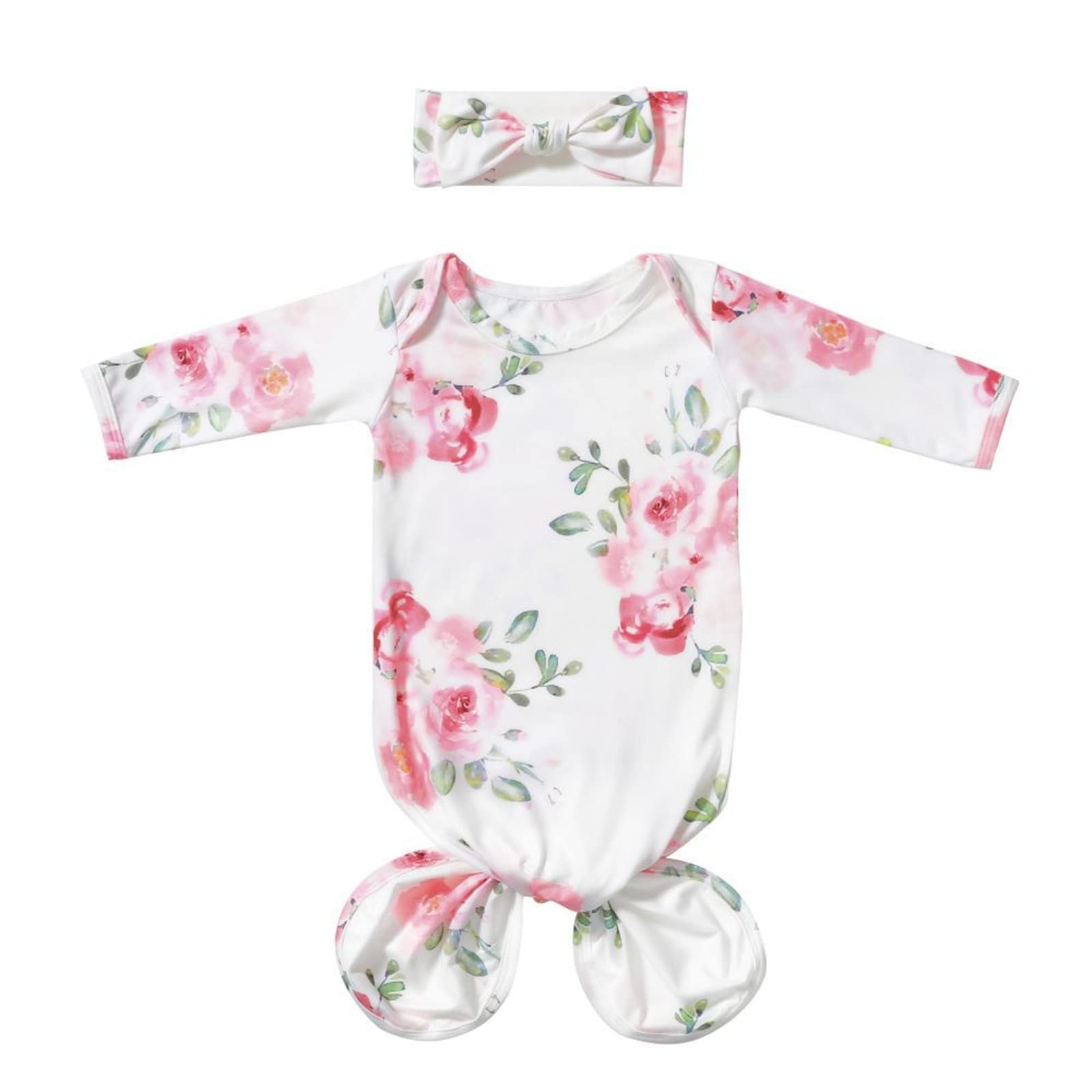 Newborn Baby Girl Knotted Sleep Gown Long Sleeve Floral Sleeping Outfit with Headband Set Soft Comfortable Baby Sleepwear and Blanket 30x40 Inches for Infant Girls (One Size)