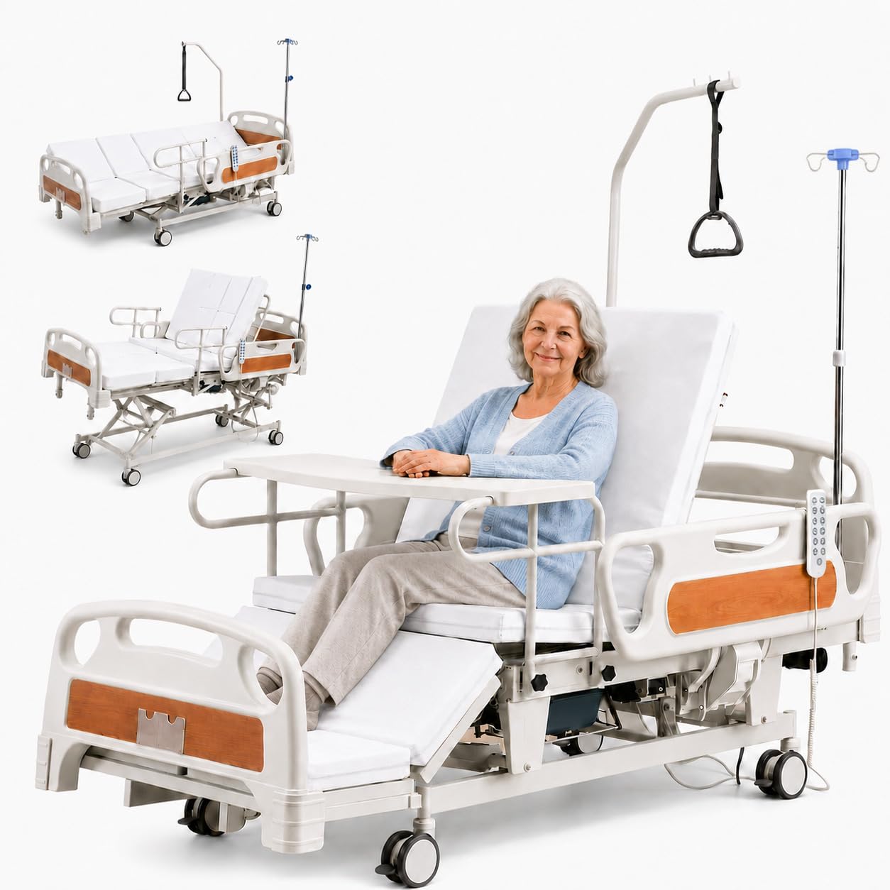 Electric Hospital Beds for Home Use, Full Electric Adjustable Medical Bed with Height Adjustment 18"-25", Auto Turning, Built-in Commode, IV Pole, Overbed Table, 3" Mattress, 550 LBS Capacity