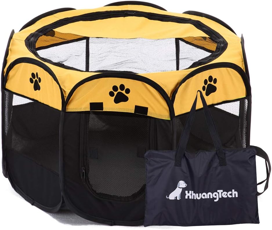 XianghuangTechnology Soft Fabric Portable Foldable Pet Dog Cat Puppy Playpen, Indoor/Outdoor use Pet Kennel Cage (Yellow)