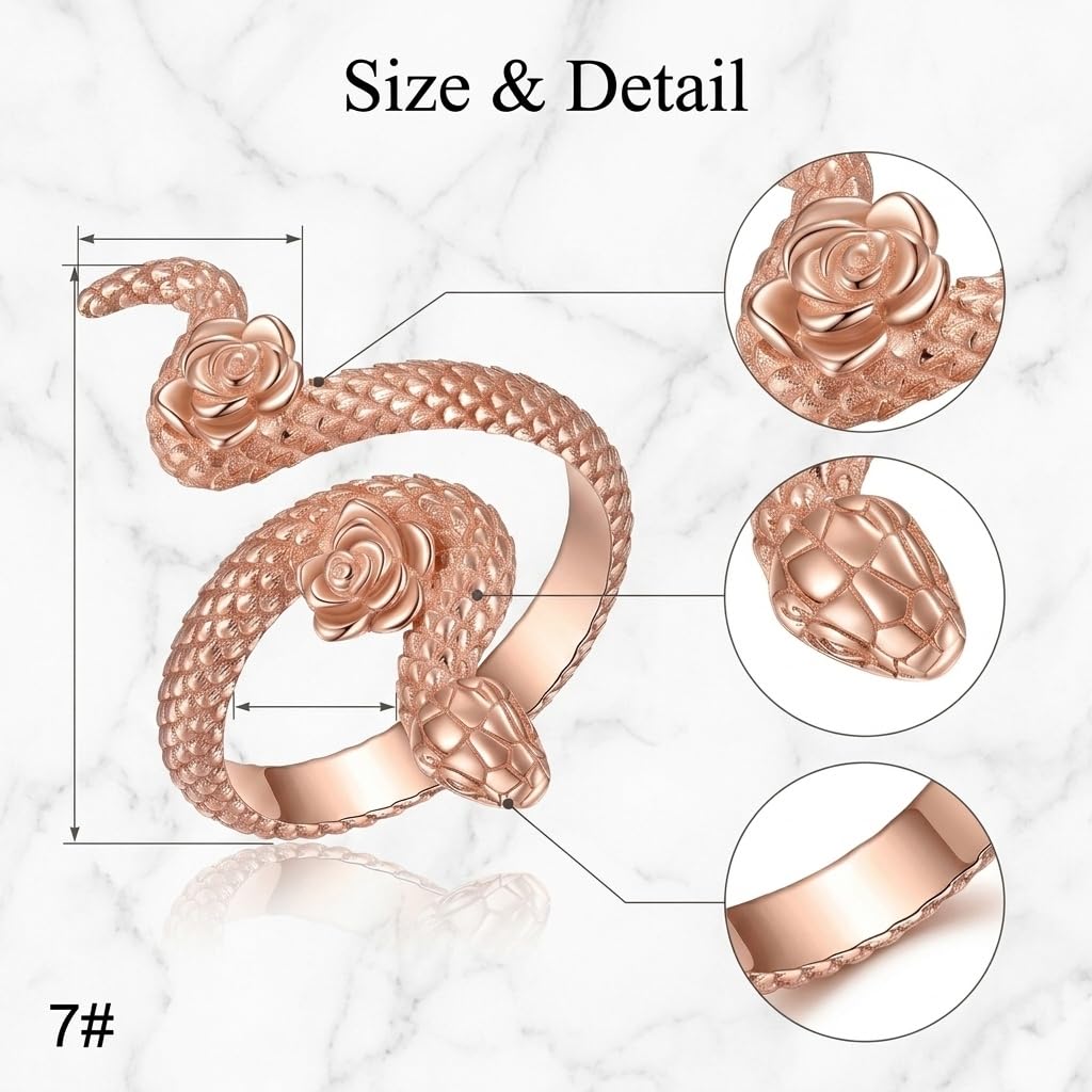 DAYLINLOVE Anillo gótico de serpiente de plata de ley 925, anillo abierto ajustable para el pulgar, joyería gótica de serpiente regalo para mujeres y niñas (chapado en oro rosa)