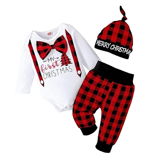 Aenbilo My 1st Christmas Oufit ChristmasOutfit 3 Months My First Christmas Infant Clothes Gentleman Romper Red Plaid Pants Hat New Year Clothes Set Red Plaid 0-3 Months