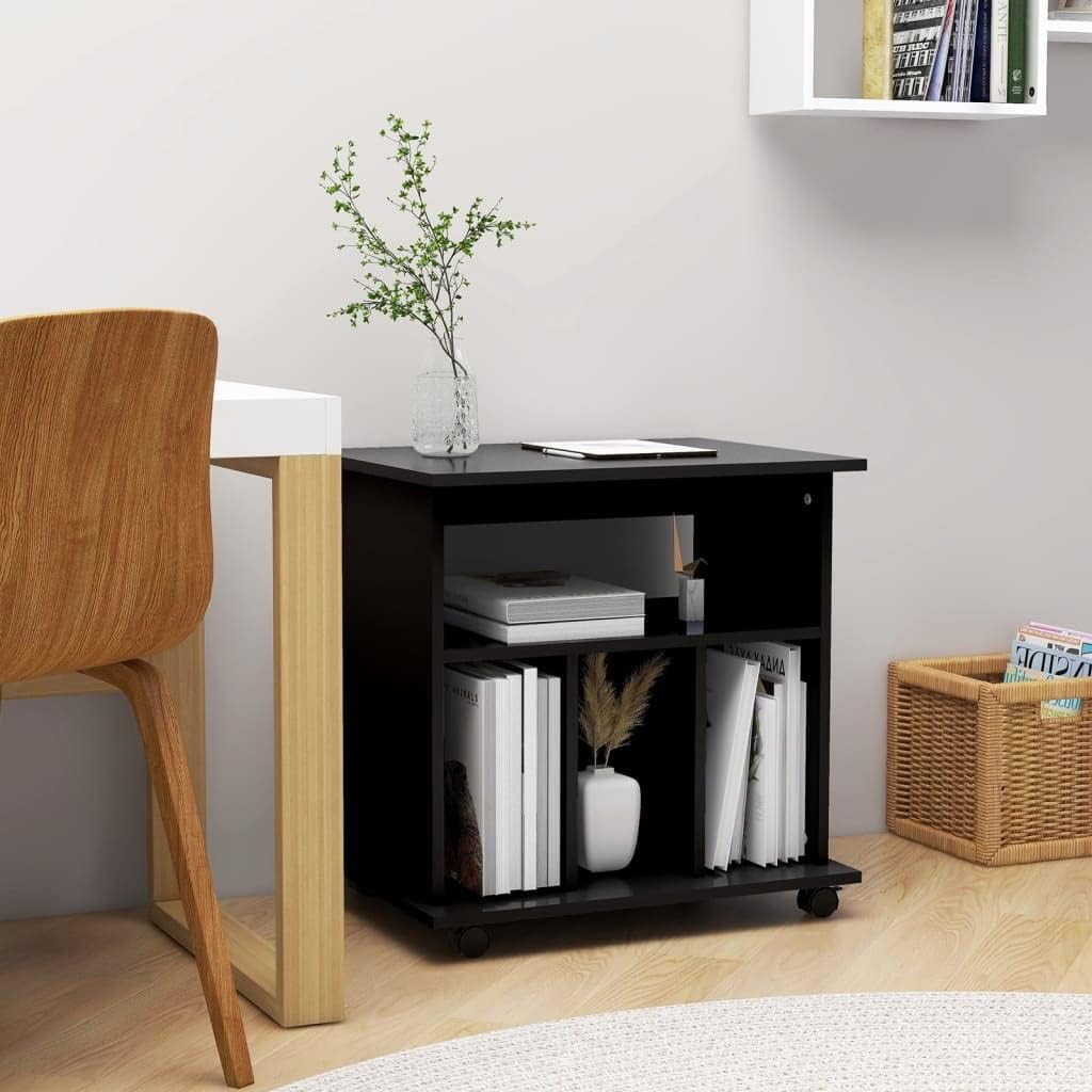 Modern Black Rolling Storage Cabinet with Three Compartments Engineered Wood Mobile Office Organizer