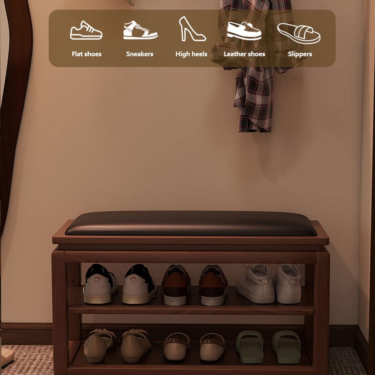 Banco Zapatero de Madera Maciza de 2 Niveles, Banco de Entrada con Almacenamiento y cojín de Piel sintética, para Sala de Estar, Pasillo, Dormitorio, baño (Negro, 80 cm/31,50 Pulgadas)