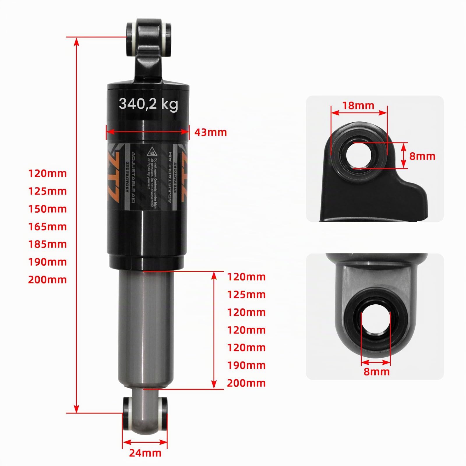 Amortisseur arrière VTT 120/125/150/165/185/190/200 mm, Suspension arrière pour VTT, vélo de randonnée en Montagne, vélo de Descente, Trottinette électrique