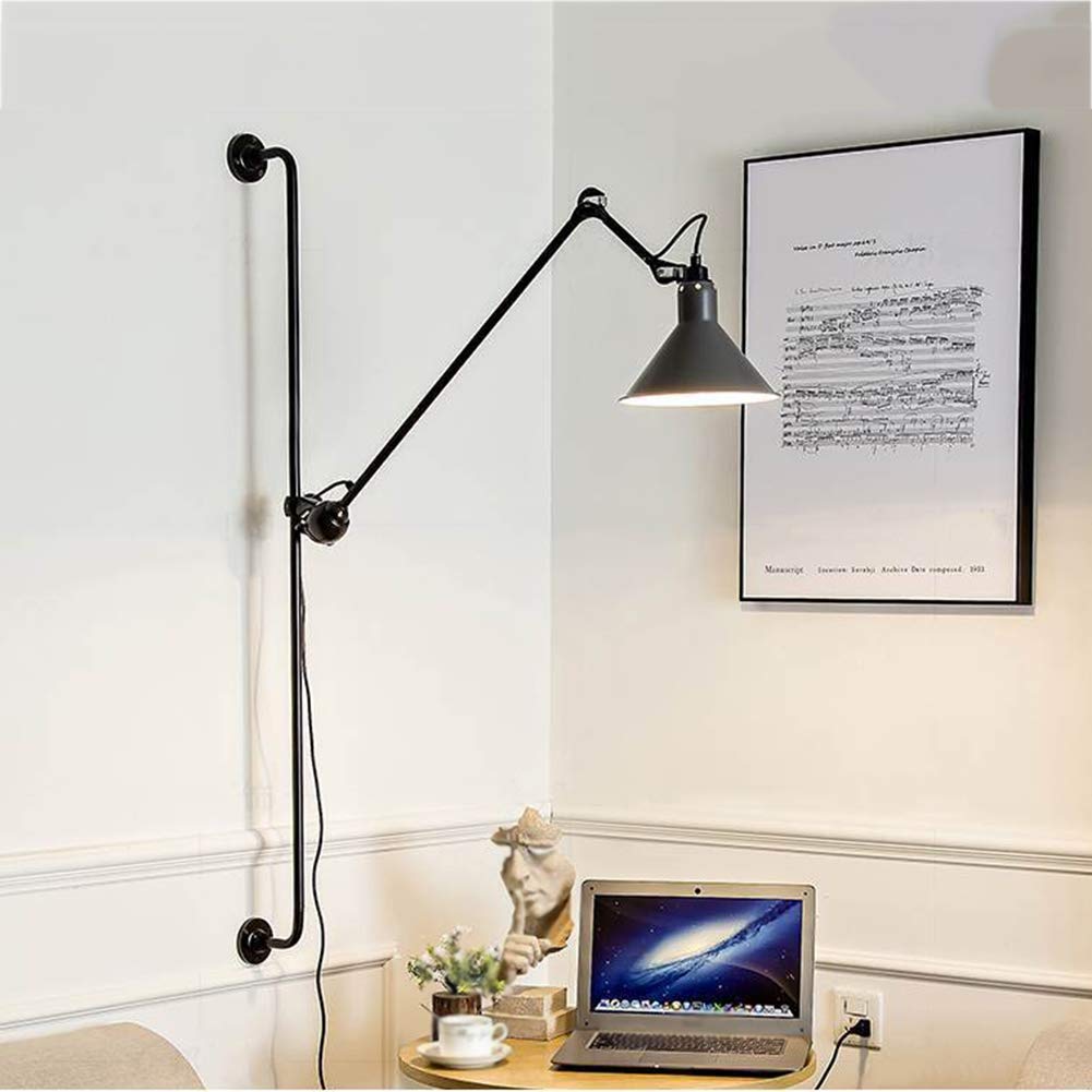 HYJAUSXB Long Swing-Arm Bedside Wall Sconces Lamp - Modern Metal Light for Bedroom Living Room Study E27 Sconce Height Adjustable