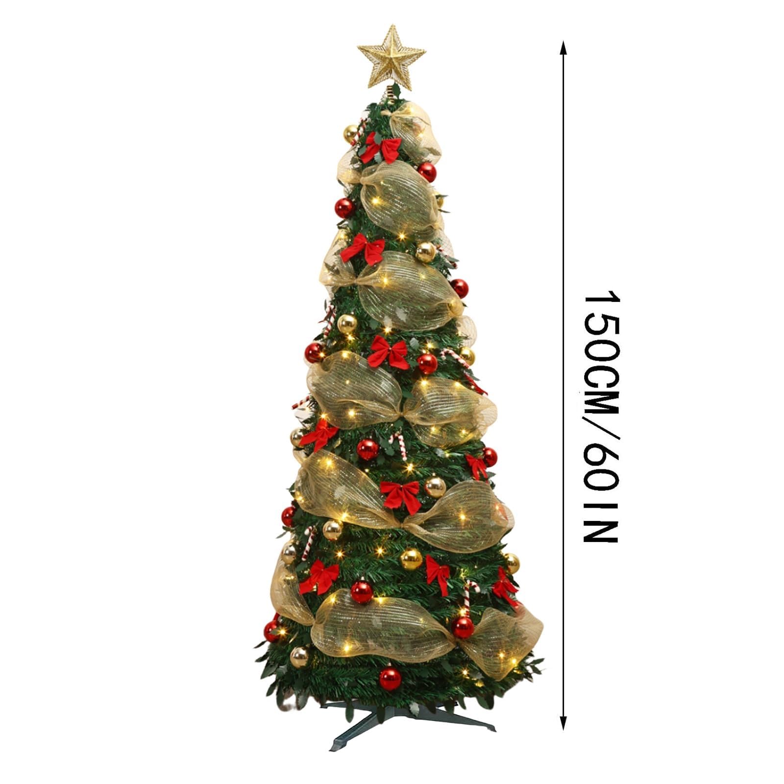 Árbol de Navidad plegable, árbol de Navidad emergente con luces, árbol de Navidad artificial retráctil con cinta, lazos, para decoraciones de fiesta de Navidad (New-1,5M)