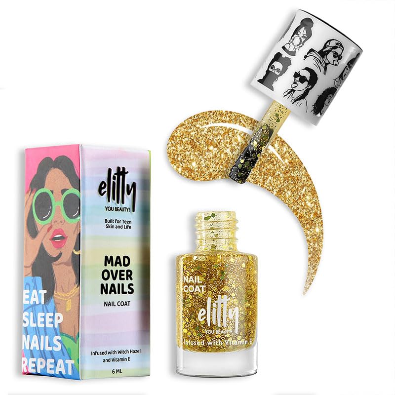 Elitty Mad Over Nails, Long Lasting Nailcoats, 12 Toxin Free, Infused with Witch Hazel, Vit E, Vegan & Cruelty Free, Shimmer - Golden Hour (Golden), 6 ML