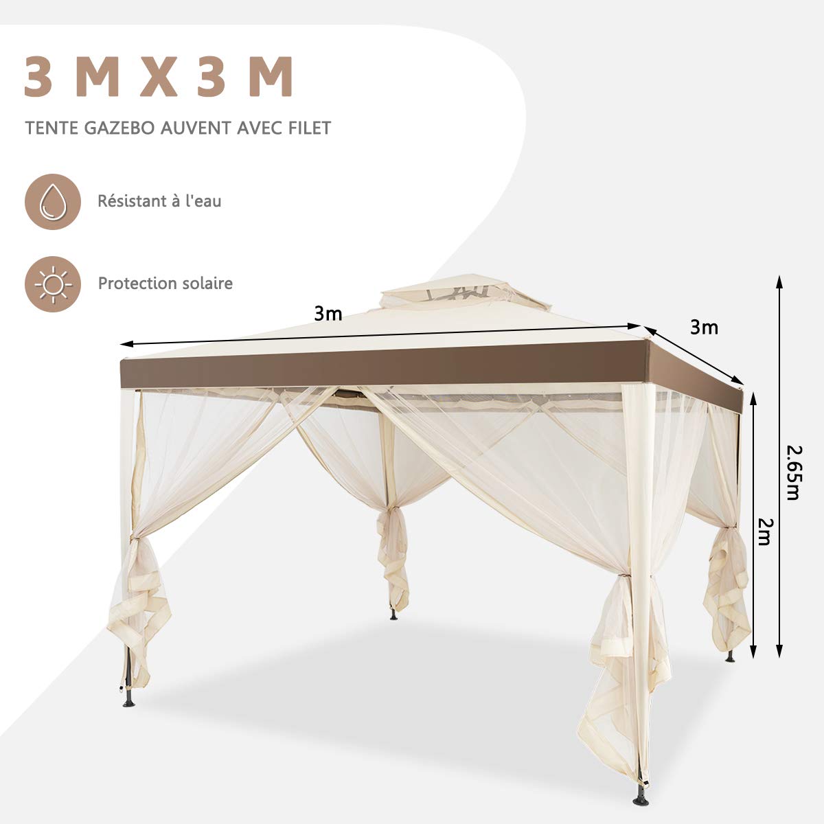 RELAX4LIFE Tonnelle 3x3 Imperméable avec Moustiquaire (Beige)