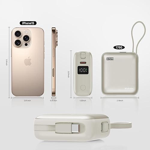 Miniatura 4 de Hichain Cargador portátil de batería, batería esencial de viaje de 10000 mAh, 22.5 W, con cables USB C integrados, cargador de teléfono mini de