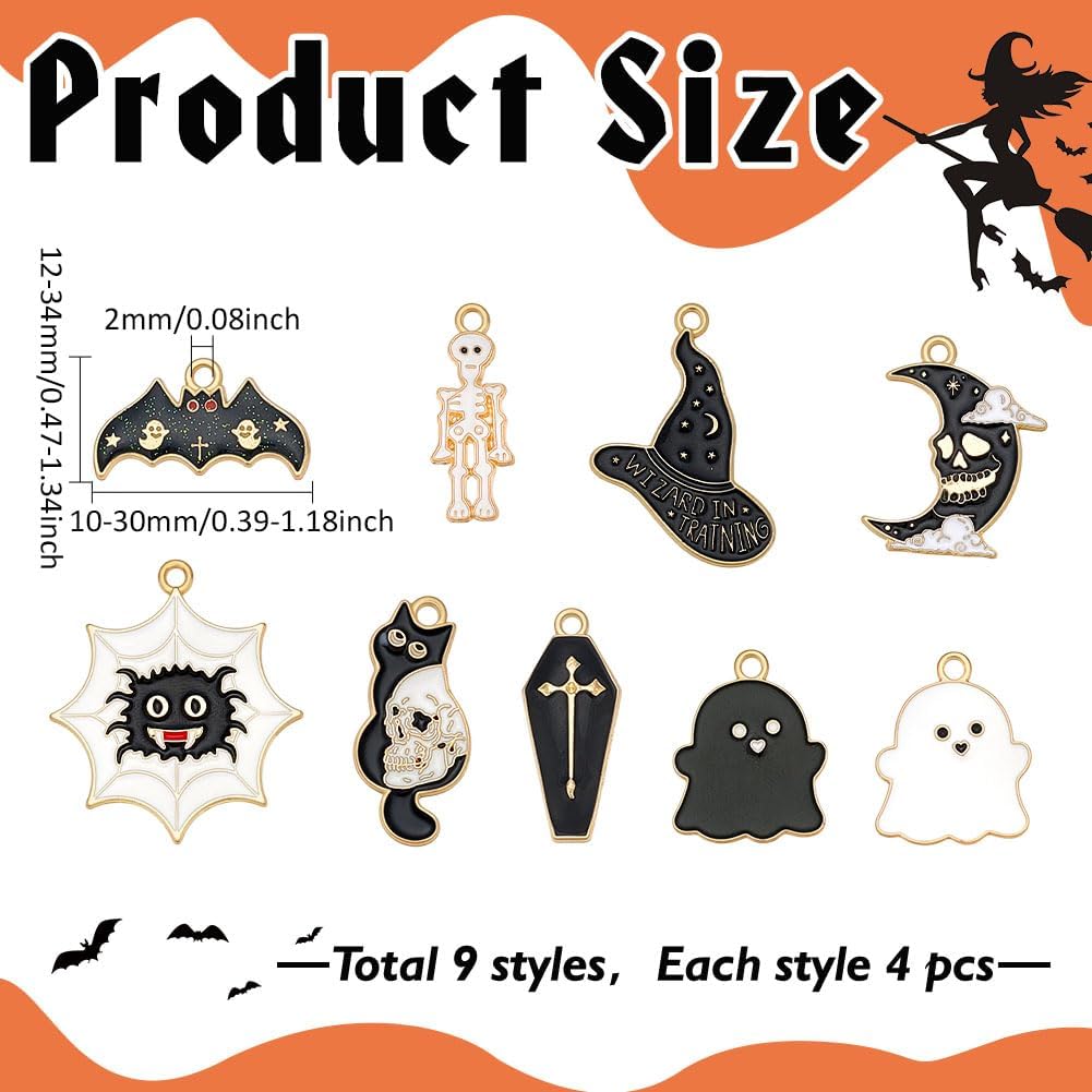 36Pcs Halloween Theme Pendants Alloy Enamel Charms 9 Styles Ghost Bat Skeleton Cat Charm Accessories for Bracelet Necklace Jewelry Making Earring DIY Craft Supplies Women Gifts - Image 2