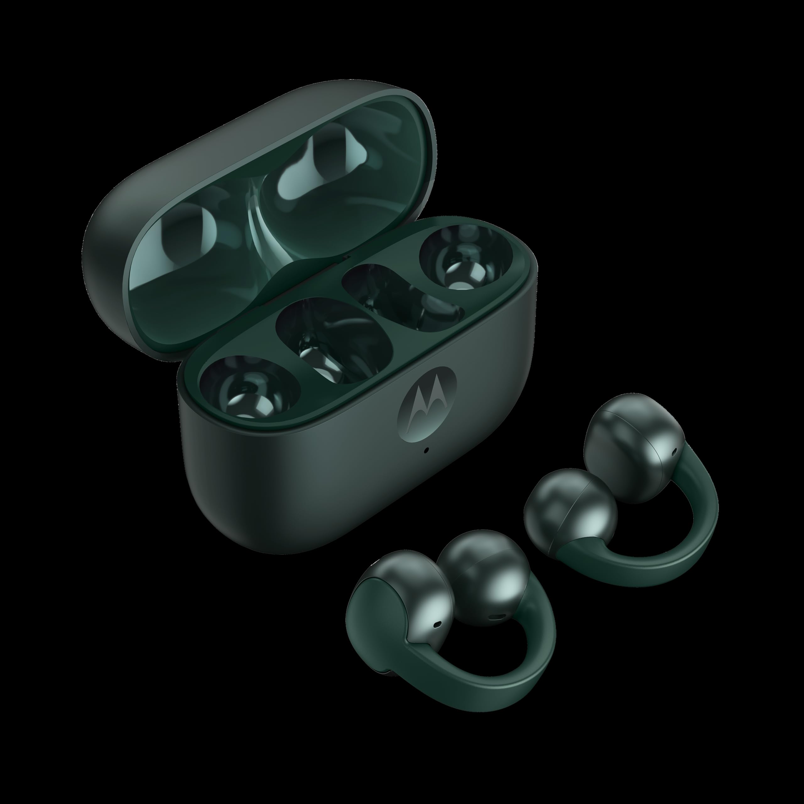 Zestawy słuchawkowe Moto Buds Loop Color Pantone Trekking Green, Open-Ear Design, Integracja ze smartfonami, Sound by Bose, zaawansowany mikrofon, wodoodporna konstrukcja, długa żywotność baterii