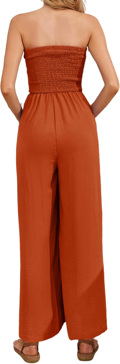AUXDIO Womens Casual Strapless Summer Jumpsuits Loose Off Shoulder Smocked Sleeveless Wide Leg Romper with Pockets - Image 3