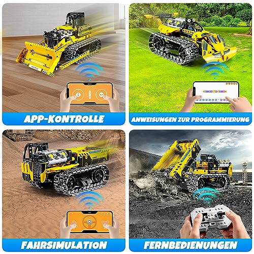 OKKIDY 3-in-1 Technik Bulldozer, RC Muldenkipper & Baustellenauto - 452 Teile Bauspielzeug für Kinder 6-12+ Jahre Inkl. 2.4 GHz Fernsteuerung Jungen & Mädchen, SJMC-8038
