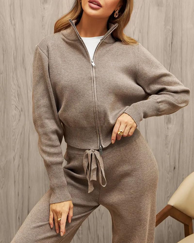 Tuta in maglia Donna Completo Sportivo Due Pezzi Casual Elegante Tute da Ginnastica Felpa con Zip Manica Lunga Pantaloni a Gamba Larga Invernale Autunno Abbigliamento