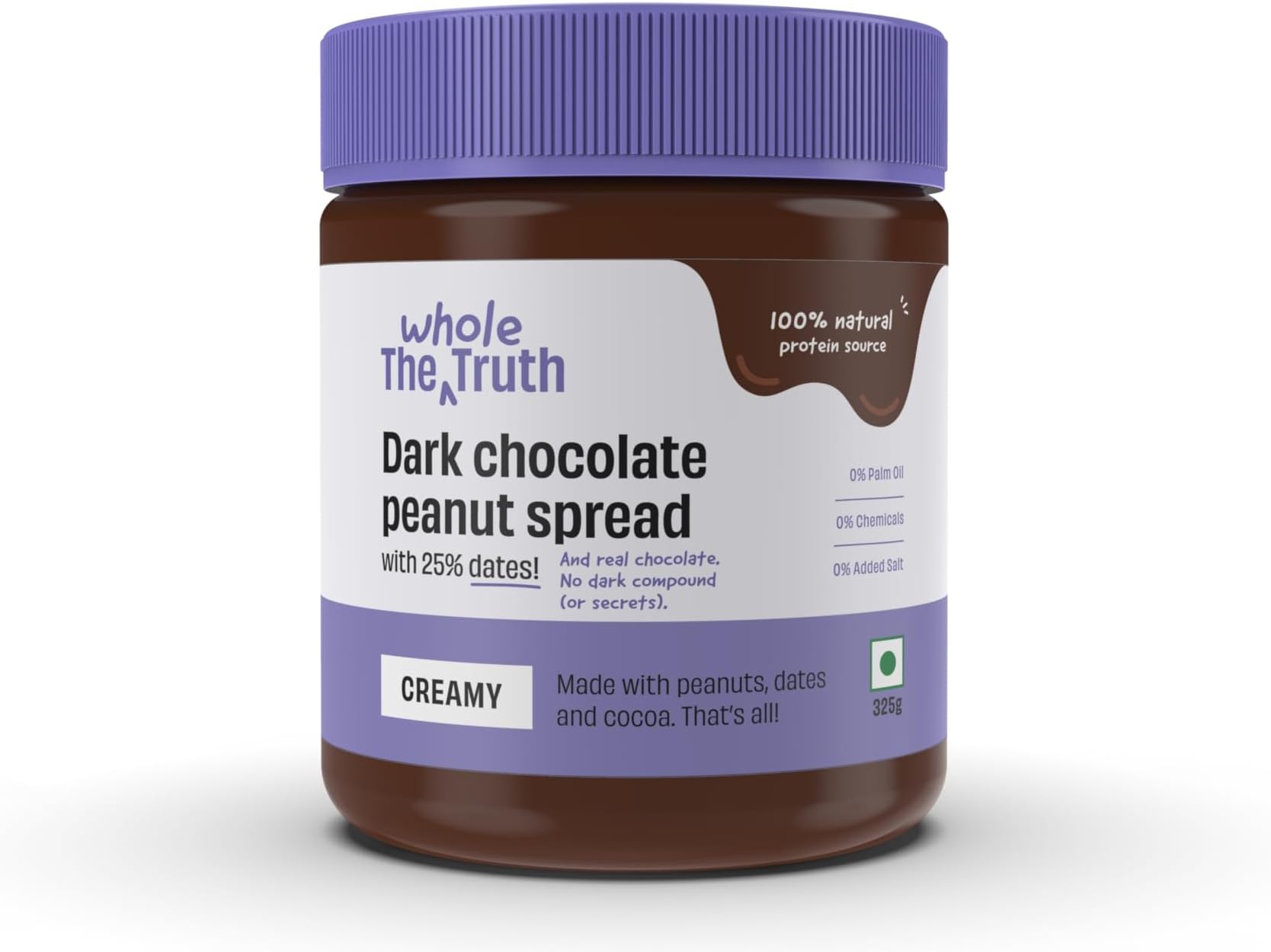 Dark Chocolate Peanut Spread | 325 g | Creamy | No Added Sugar | No Artificial Sweeteners | Gluten Free | No Preservatives | 100% Natural Protein Source