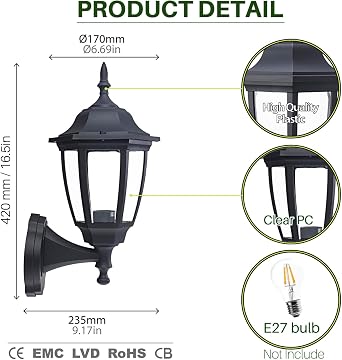 EBION Outdoor Wall Lights, E27 Outside Wall Lights Mains Powered, Black | IP44 Outdoor Wall Lantern,Traditional Exterior Wall Sconce with Clear Shade,for Garden Porch Patio,1 Pack(Bulb Not Included) [Energy Class B]
