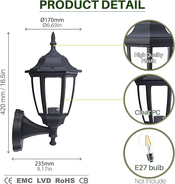EBION Outdoor Wall Lights, E27 Outside Wall Lights Mains Powered, Black | IP44 Outdoor Wall Lantern,Traditional Exterior Wall Sconce with Clear Shade,for Garden Porch Patio,1 Pack(Bulb Not Included) [Energy Class B]