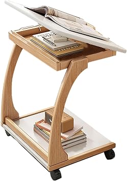 Side Table with Wheels End Table Tiltable Surface for Tablets, Solid Wood Under Sofa Table for Couch and BedBeige