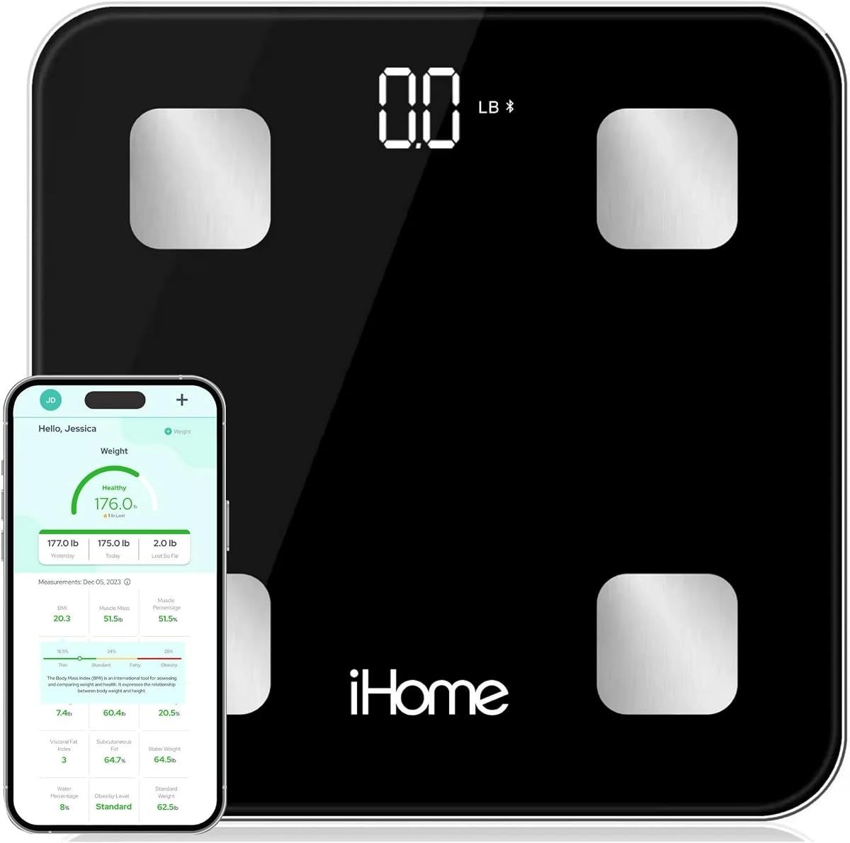 Digital Bluetooth Smart Scale for Body Weight, Weight Scale, Including BMI, Body Fat, Muscle Mass, Batteries Included (Black Smart Bluetooth)