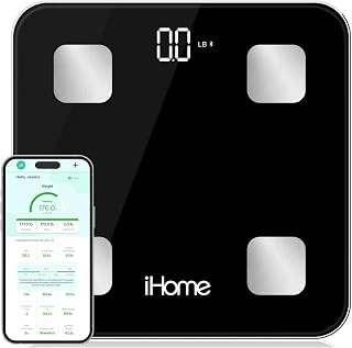 iHome Bluetooth Smart Scale: Body Weight, BMI, Body Fat, Muscle Mass & 14 Metrics Tracker - App Sync, 400lb Capacity, Batteries Included (Black)