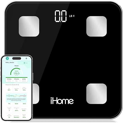 iHome Digital Bluetooth Smart Scale for Body Weight, Weight Scale, Including BMI, Body Fat, Muscle Mass, Batteries Included (Black Smart Bluetooth)