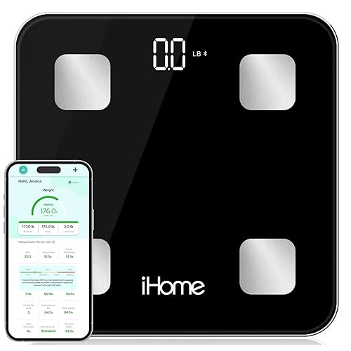iHome Báscula inteligente digital Bluetooth para peso corporal, báscula de peso, incluye IMC, grasa corporal, masa muscular, baterías incluidas