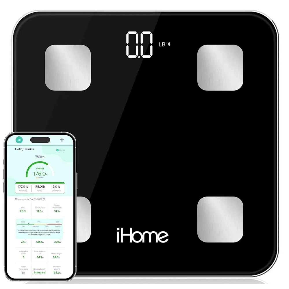 iHome Digital Bluetooth Smart Scale for Body Weight, Weight Scale, Including BMI, Body Fat, Muscle Mass, Batteries Included (Black Smart Bluetooth)