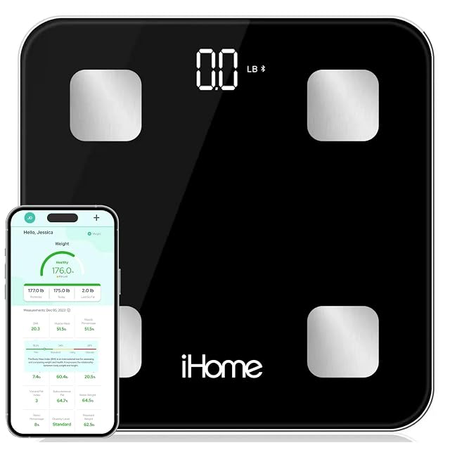 iHome Digital Bluetooth Smart Scale for Body Weight Weight Scale Including BMI Body Fat Muscle Mass Batteries Included