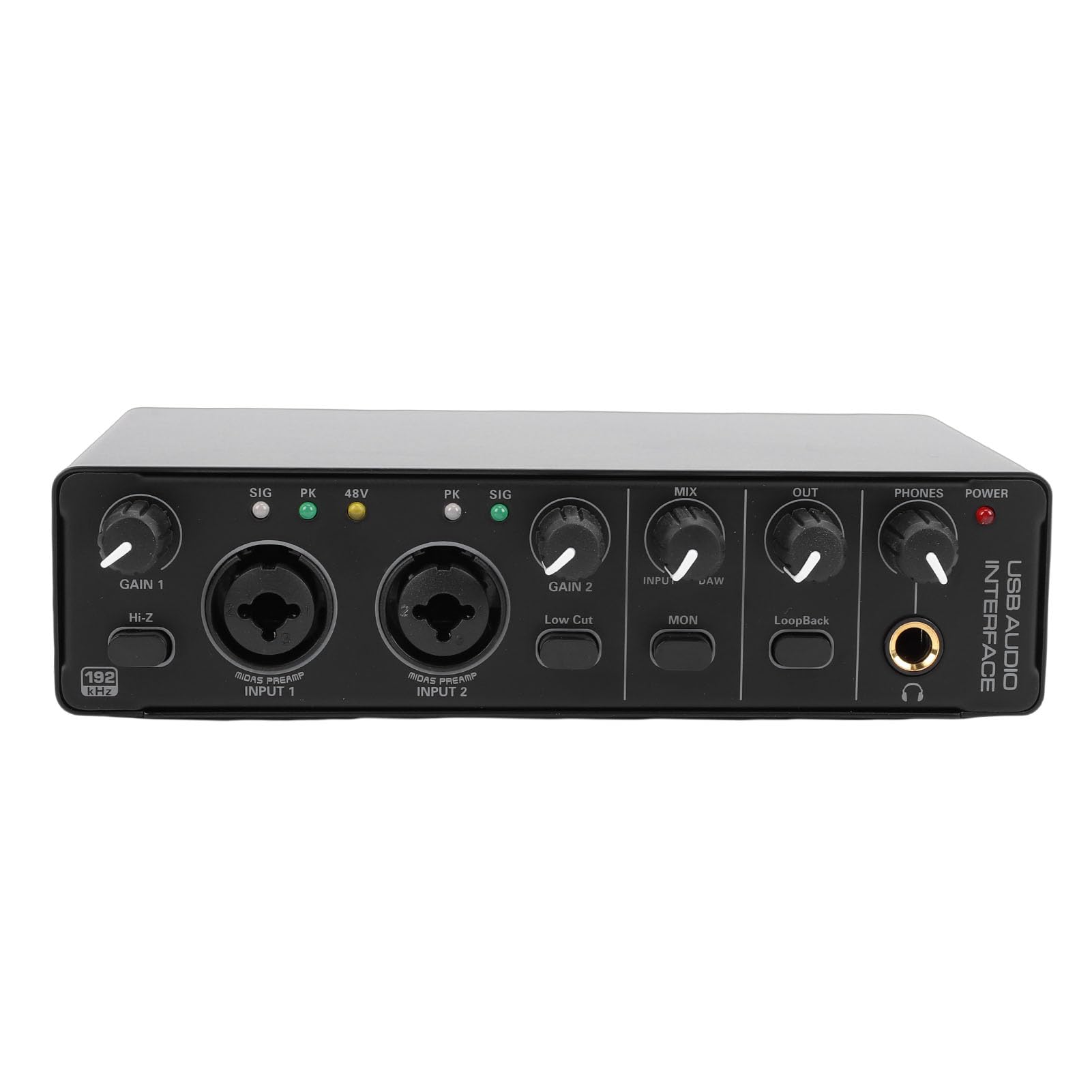 Focket Interfaz de audio USB para grabación, streaming y podcasting, con XLR, mezclador de audio de 24 bits a 192 KHz, alimentación fantasma de 48 V, equipo de estudio para PC (BLACK)