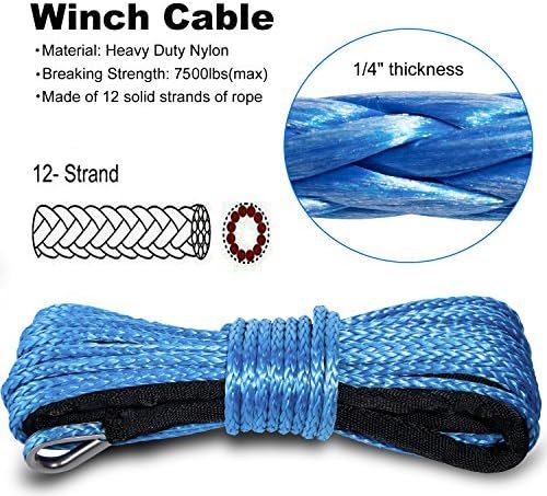 Yoursme Nylon Synthetic Winch Cable Rope with Sheath for SUV ATV UTV Winches Truck Boat Ramsey Car 1/4" x 50'-8000LB+ Blue