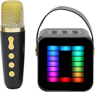 Asixxsix Mini Karaoke Machine, Portable Handheld Karaoke Mics Speaker Machine with RGB Led Lights Portable Bluetooth Speaker Wireless Microphone Set for Kids and Adults Home Party (Black)