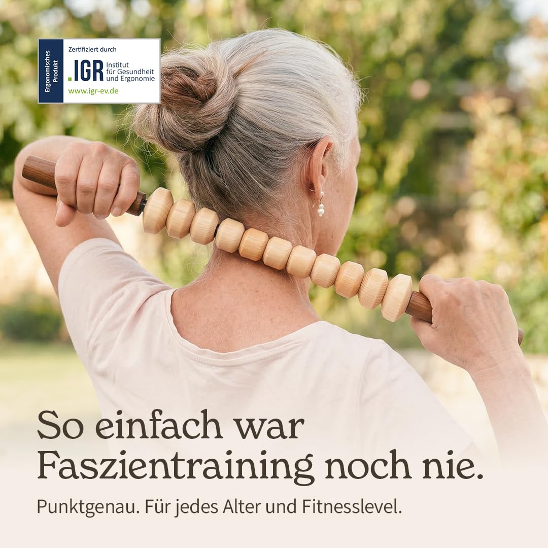 Faszienstab Woodstick FLEX mit GLATTEN Massage-Elementen [DAS ORIGINAL aus Österreich - Echte Handarbeit] Biegsamer Massage-Stab aus Holz — Einfaches Faszientraining ohne Rollen am Boden