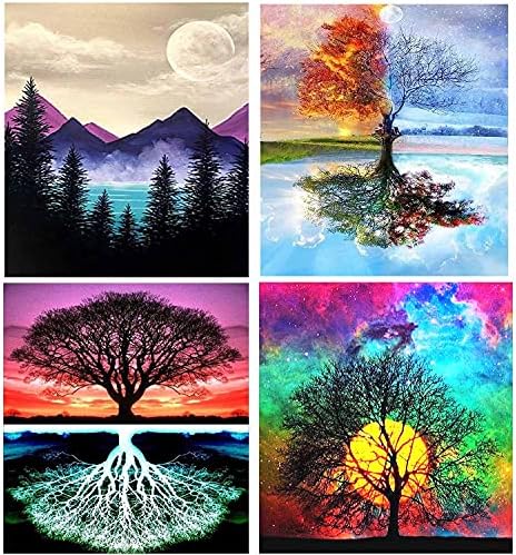 Fycert (4 Pack) DIY Paint by Numbers Kits,Canvas Oil Painting Set for Adults Beginner,16" L x 12" W Drawing Paintwork with Paintbrushes,Acrylic Pigment - Tree & Moon,Version 1