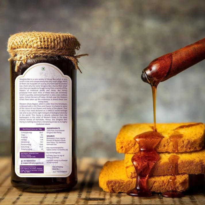 Image of Indic Organics Small Stingless Bee Raw Honey from Western Ghats | Wild-Flower, Unprocessed, Unheated & Unpasteurized | Produced by Small Stingless Bees | Cheruthen Honey (Small Stingless Bee Honey, 320 Gm)