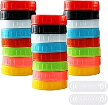 Flunyina 24Pcs Colorful Mason Jar Lids Plastic Colored Regular Mouth Canning Lids with 24PCS Silicone Sealing Rings Leaking Proof Easy Clean Glass Bottle Storage Caps for Regular Mouth Ball Mason Jars
