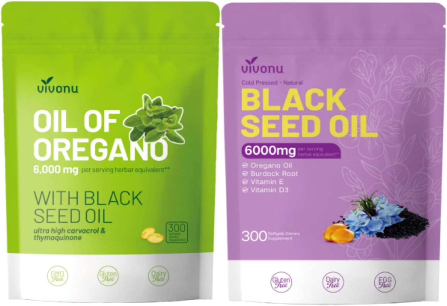 VivoNu Oil of Oregano with Black Seed Oil Capsules, Carvacrol, Burdock Root, TQ & THQ,Vitamin E&D3, Non-GMO