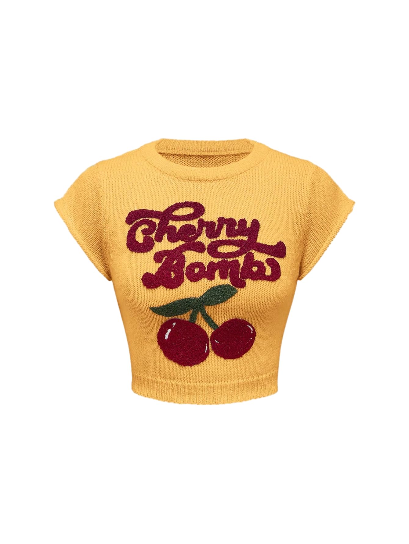 SHENHE Womens Y2k Cherry Sweater Vest Cap Sleeve Crew Neck Slim Fit Cropped Sweater Pullover