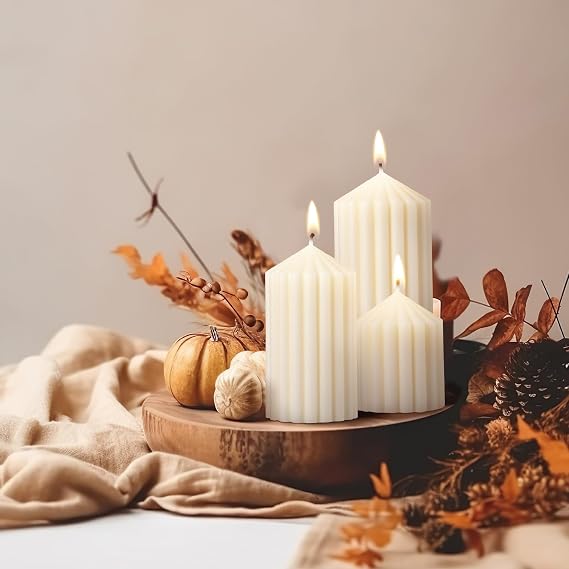 Conelist Set of 3 White Ribbed Pillar Candles Soy Wax Scented Ribbed Candles Includes 2.8, 4.2 and 5.1 Inches Heights Decorative Romantic Wedding Decoration for Couple Home Birthday Gift