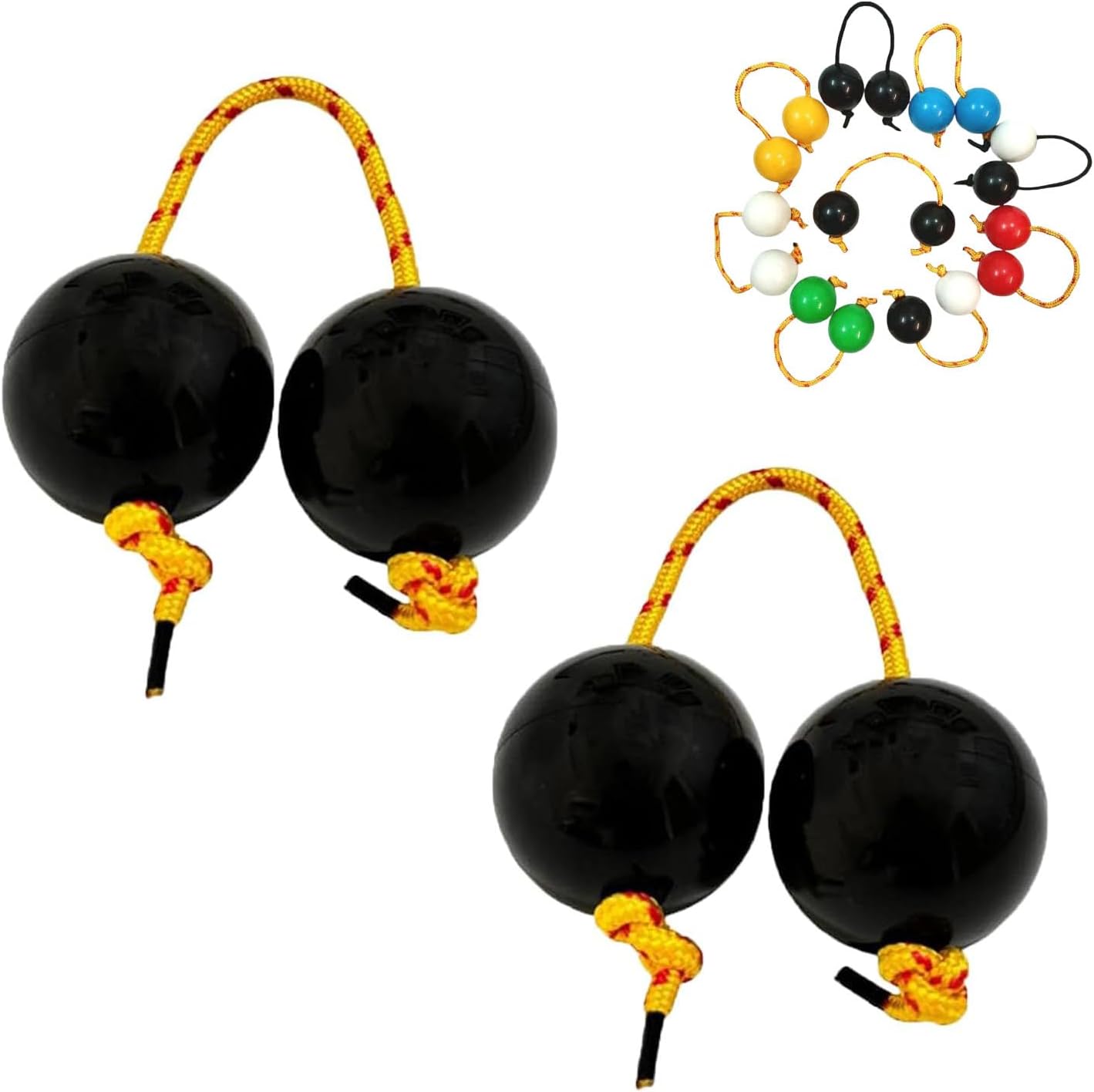 2 Pairs African Percussion Balls with Strings, Kashaka Hand Shaker, Rhythmic Double Gourd Percussion Instrument for Beginners, Music Practice, Drumming, Dance (Black)
