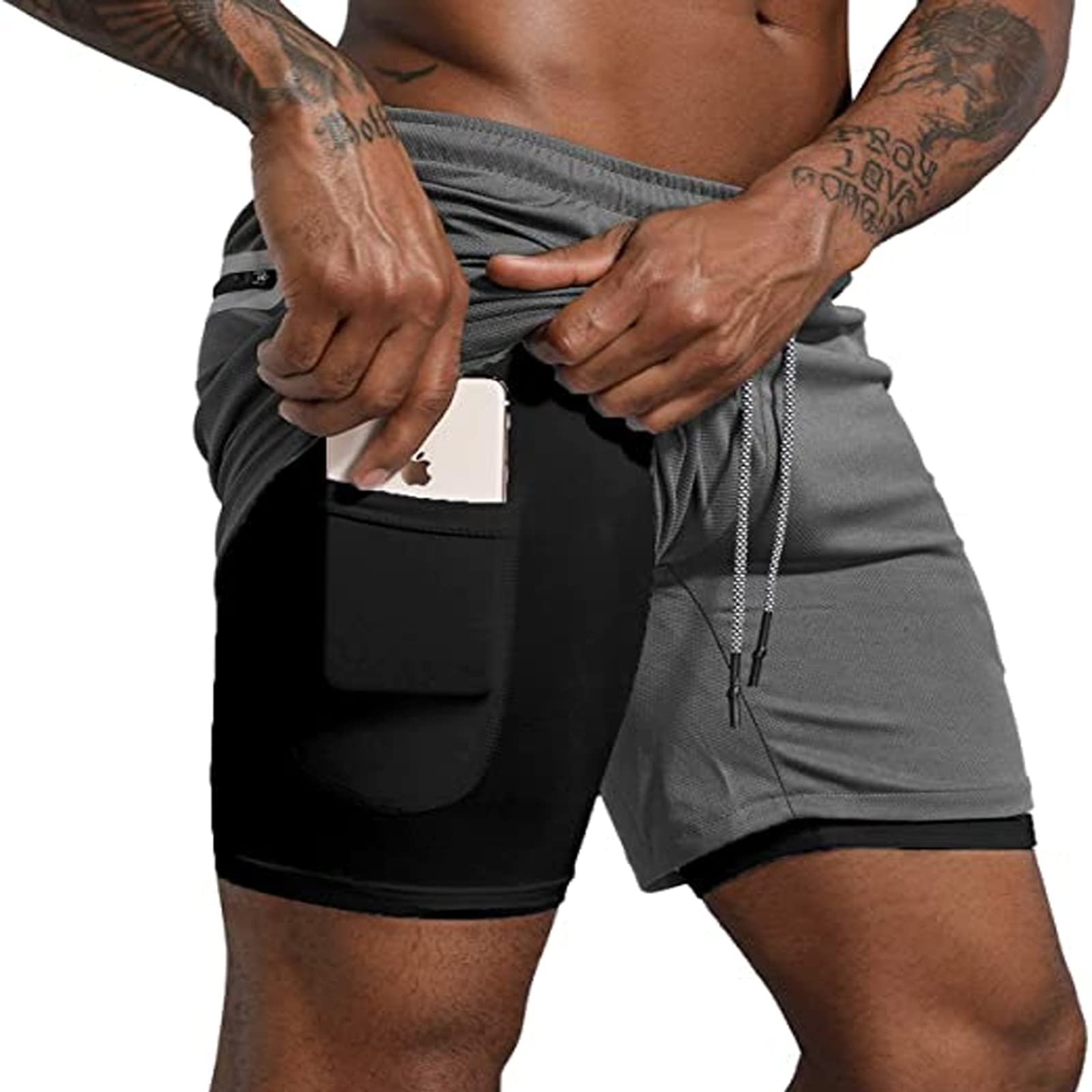 The White Shop Short Shorts-Men's 2-in-1 Fitness Running Shorts Lightweight Training Yoga Gym 7-inch Shorts with Zipper Pockets (L, Dark gray)