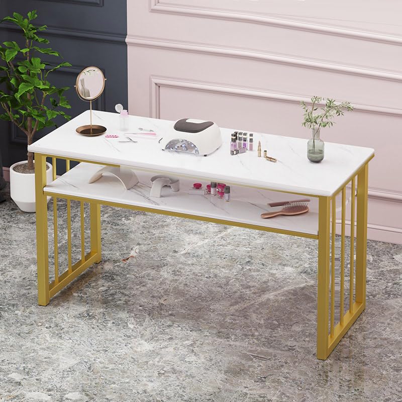Mesa de manicura, escritorio para manicura para técnicos de uñas,Estación de manicura moderna con textura jaspeada con estantes abiertos,Mesa de madera para salón de belleza spa manicura tocador