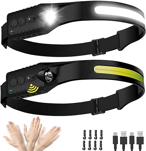 Linterna frontal recargable (paquete de 2), linterna de cabeza LED, luz de diadema de haz ancho de 230, 400 lúmenes súper brillante, linterna