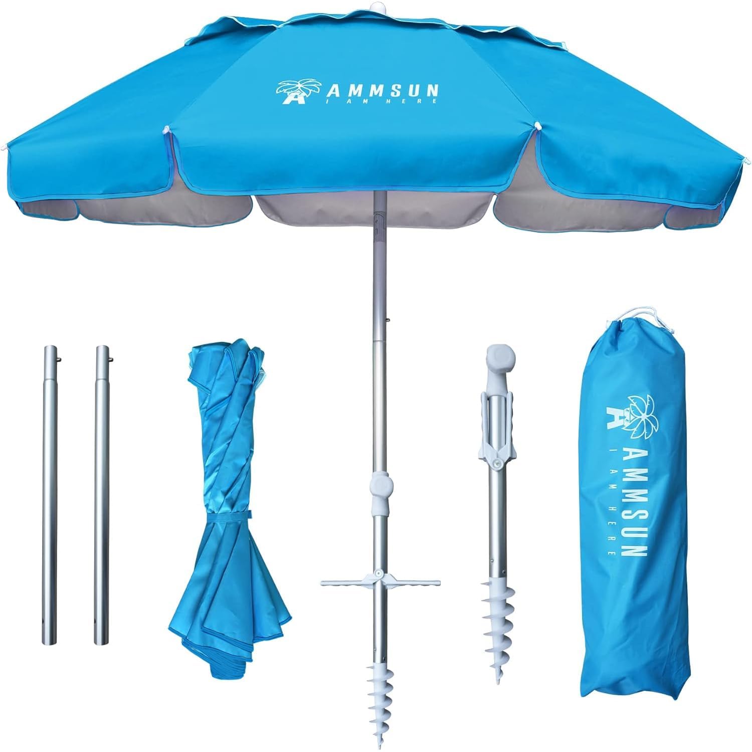 Photo 1 of ***MISSING PARTS***AMMSUN 6ft Folded Portable Travel Beach Umbrella with Sand Anchor Tilt Air vent UPF 50+UV Protection Fit In Suitcase Compact Foldable Telescopic umbrellas for Patio Garden Beach Pool Sky Blue