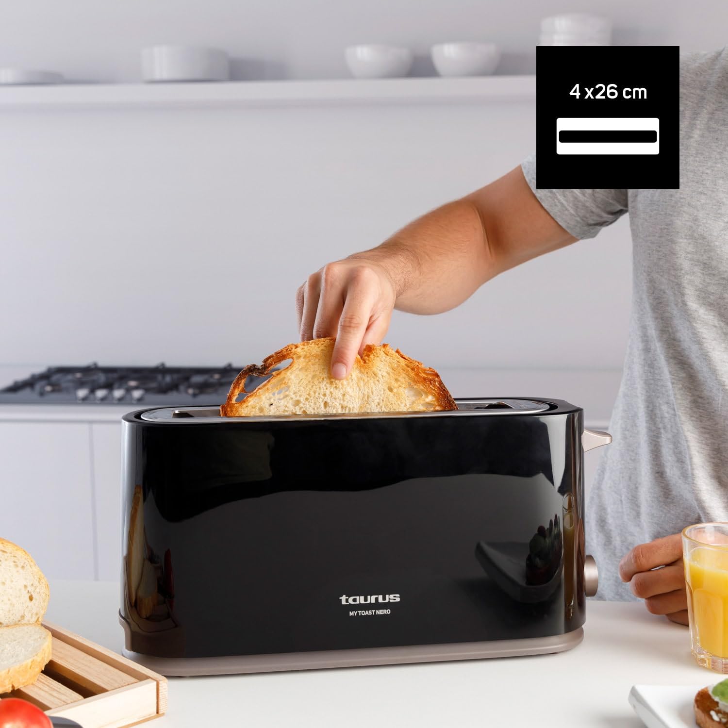 Taurus - Tostadora Mytoast Nero 1000W | 7 Niveles de Tostado | Ranura 260 mm | Sistema Autocentrado | Bandeja Recogemigas | Elevación Extra | Recoge Cable | Pies Antideslizantes
