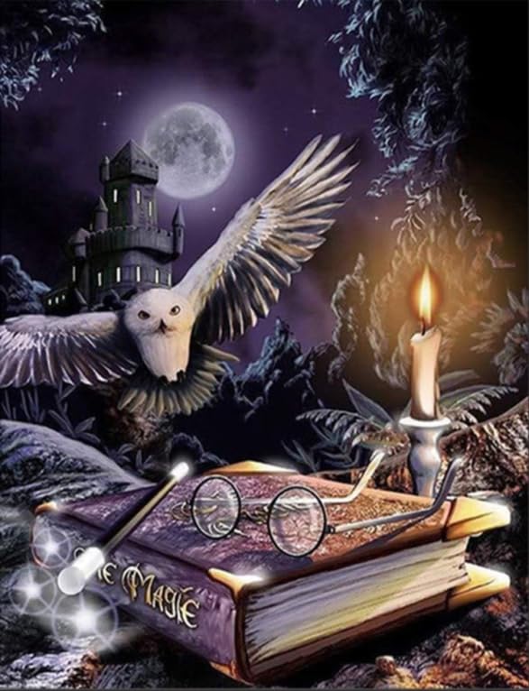 Diamond Painting Halloween 5D DIY-Diamant-Malset für Erwachsene mit Eule und Schloss und Zauberbuch DIY-Diamantkunst 5D-Diamantkunst Zeichnung für Anfänger Wanddekoration (ohne Rahmen 30 x 40