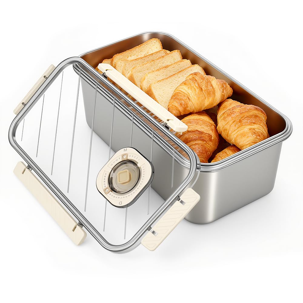 Gunolye Stainless Steel Bread Bin with Time Recorder, Airtight Bread Storage Container for Homemade Bread, Toast, Bagels & Cookies – Kitchen Countertop Bread Box with Lid – Dishwasher Safe
