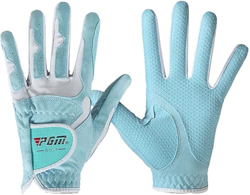 Vista 2 de PGM Guantes de golf para mujer, un par (4 opciones de color), sistema de agarre mejorado, fresco y cómodo Blanco Azul